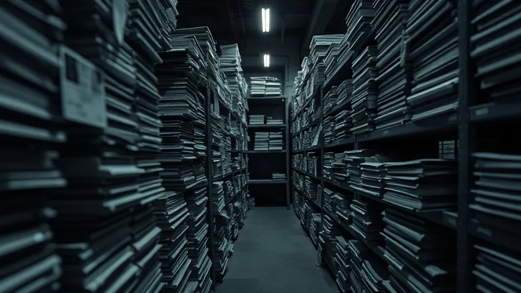 Stacks of neatly organized technical manuals in a dark indus