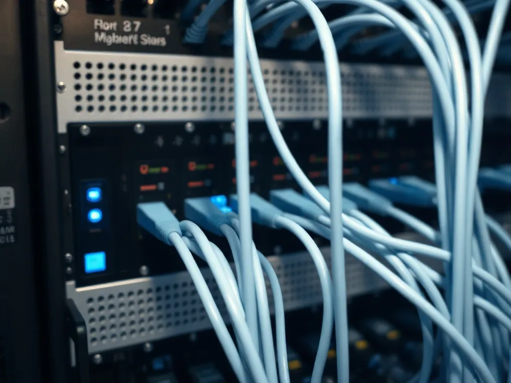 Close up of high-end networking hardware and fiber optic cab