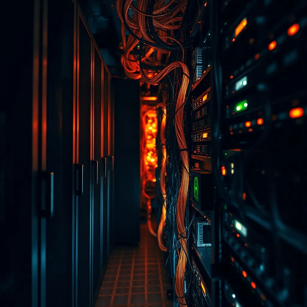 A detailed technical high-contrast photograph of server rack