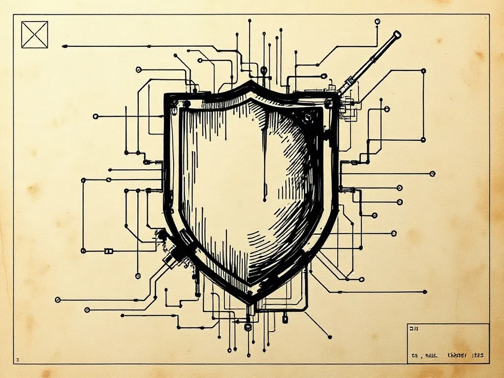 Abstract industrial blueprint of a digital shield, black ink