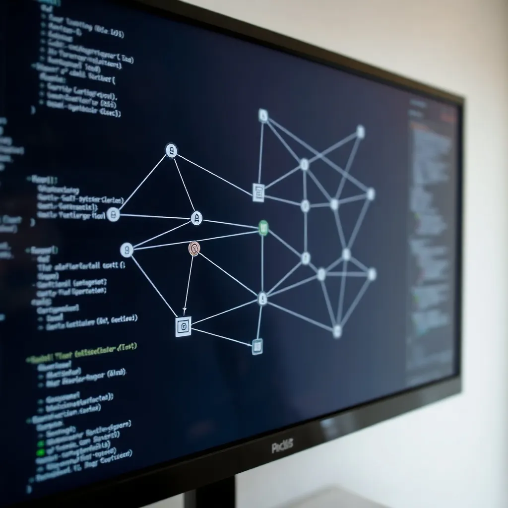 A complex technical diagram on a screen with white lines on